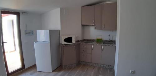 uma pequena cozinha com um frigorífico e uma janela em Apartamentos Buena Vista 4 em Coto Rios