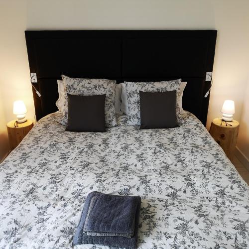 um quarto com uma cama grande, uma cabeceira e almofadas pretas em Riverside Toulouse (Savory) em Blagnac