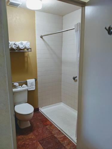 a bathroom with a toilet and a shower at Days Inn by Wyndham Bullhead City in Bullhead City