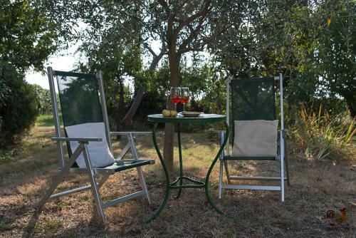 two chairs and a table with a glass of wine at Casale13 in Faenza