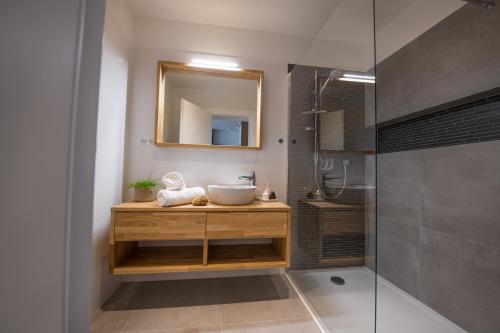 ein Bad mit einem Waschbecken und einer Glasdusche in der Unterkunft Lomnica Garden Apartment in Tatranská Lomnica