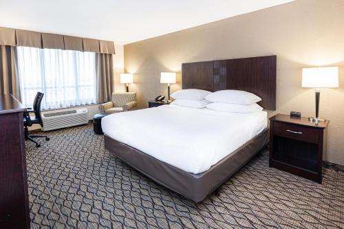 Cette chambre comprend un grand lit et un bureau. dans l'établissement Holiday Inn St. Louis Airport West Earth City, an IHG Hotel, à Earth City