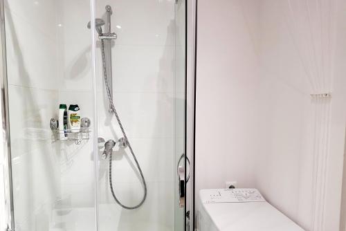 a bathroom with a shower with a glass door at Apartament Nowowiejskiego in Częstochowa