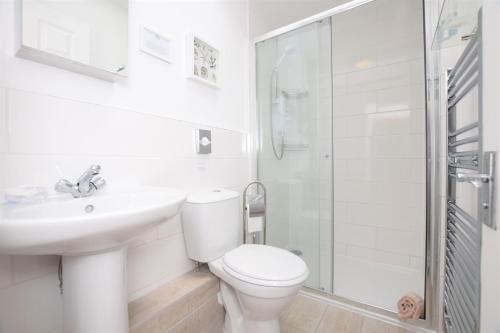 un bagno con wc, lavandino e doccia di Byre Cottage, Lympstone - near Exmouth and Exeter a Exmouth