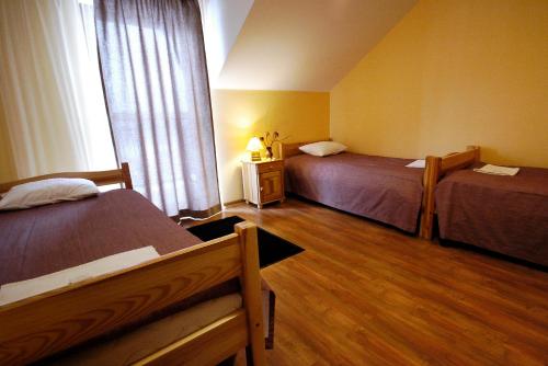 pokój hotelowy z 2 łóżkami i oknem w obiekcie Szeptucha w Polańczyku