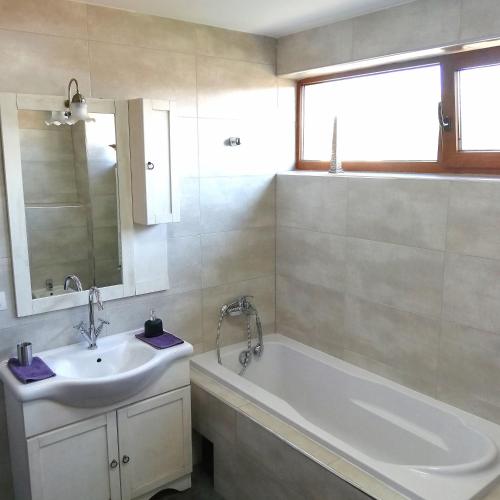 a bathroom with a tub and a sink and a bath tub at Penthouse Renașterii Amazonia in Timişoara