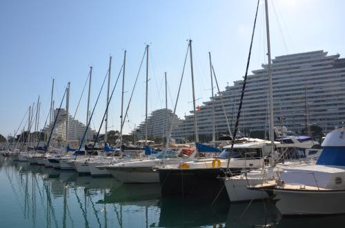 a bunch of boats docked in a marina with a building at Lovely apartment in Marina Baie des Anges- Baronnet - Sew view, free parking spaces on site, restaurants, beach, supermarket in Villeneuve-Loubet
