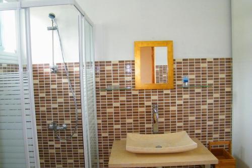 y baño con ducha, lavabo y espejo. en Villa de charme avec piscine MQAA07, en Les Anses-dʼArlet
