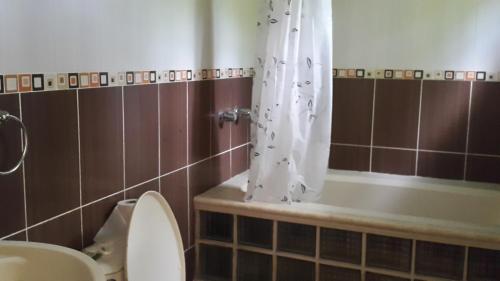 a bathroom with a toilet and a shower curtain at Fosters West Bay Resort in West Bay