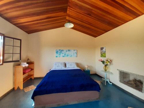 a bedroom with a blue bed and a wooden ceiling at Restaurante e Pousada Chique na Roça in São Luiz do Paraitinga