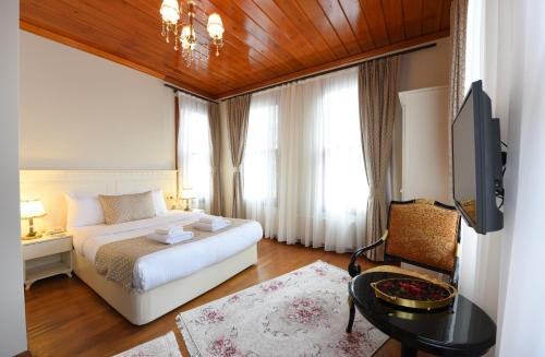 een slaapkamer met een bed en een tv in een kamer bij Elyka Hotel in Istanbul