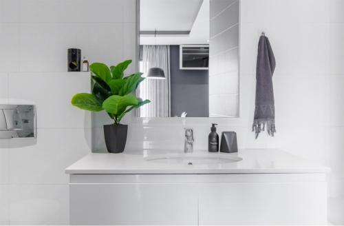 a white kitchen with a sink and a potted plant at Urban luxury in the East Precinct in Cape Town