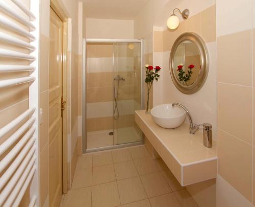a bathroom with a sink and a shower at Zámek Libouň in Louňovice pod Blaníkem