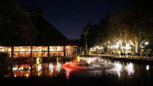 a fountain in a pond in front of a building at night at Birchwood Hotel and OR Tambo Conference Centre in Boksburg