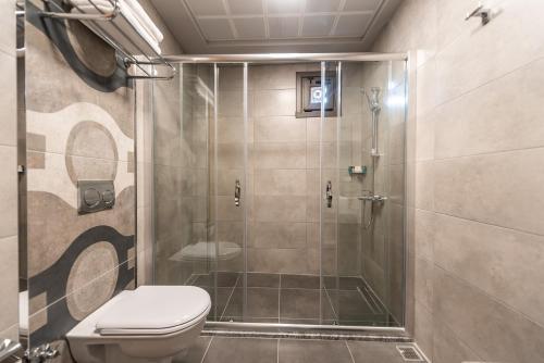 a bathroom with a toilet and a shower stall at Bram Hotel Istanbul in Istanbul