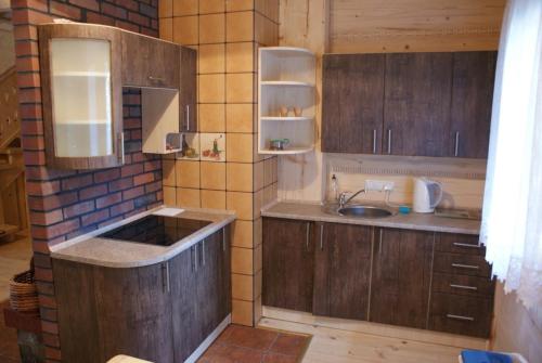 a kitchen with wooden cabinets and a sink at Ostoja Karlików - Domki do Wynajęcia in Bukowsko