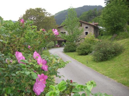 een weg die leidt naar een huis met roze bloemen bij Casa Rural Goikola in Deba