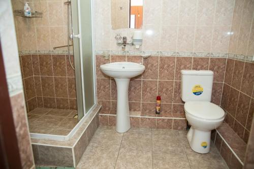 ein Bad mit einem WC, einem Waschbecken und einer Dusche in der Unterkunft Europa in Uljanowsk