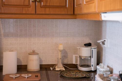 a kitchen counter with a coffee maker and a blender at Pelion House with Wonderful View in Vizitsa