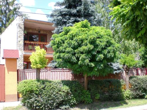 a tree in front of a house with a fence at Kurca-parti Vendégház in Szentes