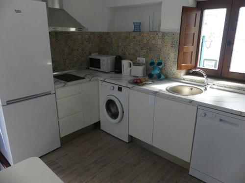 a kitchen with a sink and a washing machine at CASA PURICA in Frigiliana