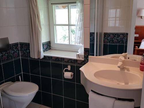 ein Bad mit einem Waschbecken, einem WC und einem Fenster in der Unterkunft Hotel & Restaurant Weinberg in Baden-Baden