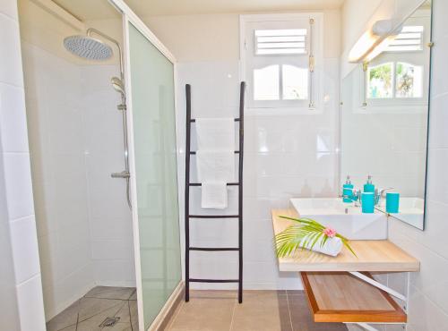 Un baño con lavabo y ducha en Appartement Tillet. O Coeur de Deshaies., en Deshaies