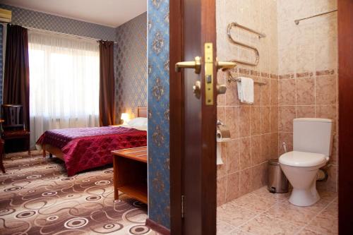 Utomlyonnye Solntsem Hotel في كراسنايا بوليانا: غرفه فندقيه بدورة مياه وسرير