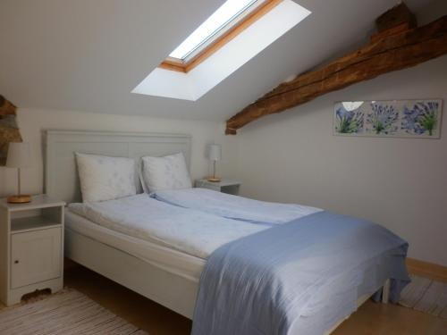 a bedroom with a white bed with a skylight at Las Navedas in Santibáñez de Villacarriedo