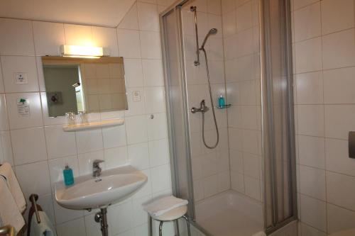 ein Bad mit einer Dusche und einem Waschbecken in der Unterkunft Hotel-Gasthof Opel in Heinersreuth