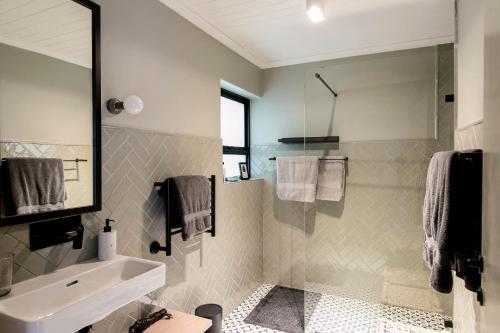 a bathroom with a sink and a shower at The Gekko Lodge in Cape Town