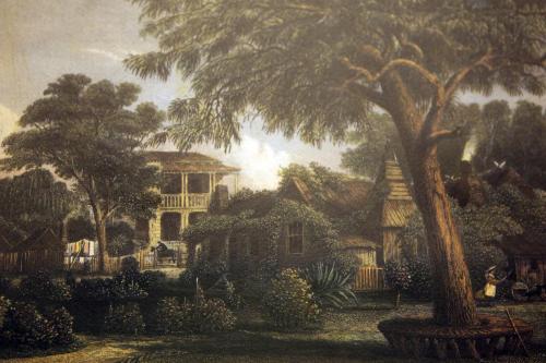 ein Gemälde eines Hauses in einem Garten in der Unterkunft Hotel Hollywood in Rom
