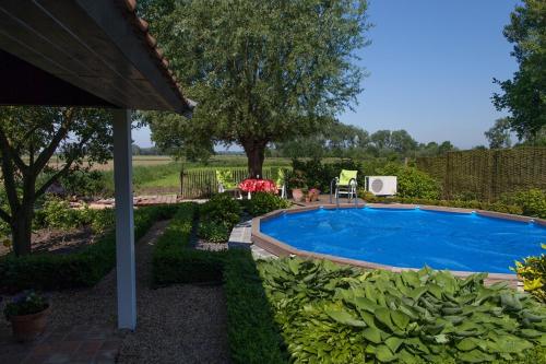 a swimming pool in a yard next to a tree at In d'Ouwe Vlaamse Schuur in Ossendrecht