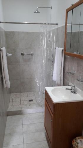 a bathroom with a shower and a sink at Aparthotel Boquete Apartments in Boquete