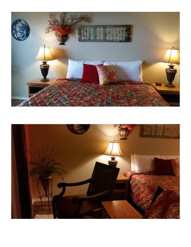 two pictures of a hotel room with a bed and a chair at Silver Surf Motel in Yachats