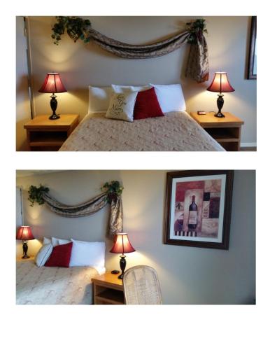two pictures of a hotel room with a bed at Silver Surf Motel in Yachats