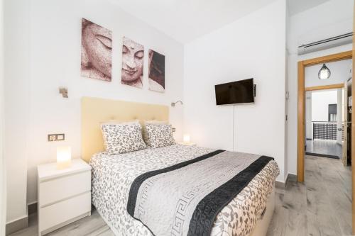 een slaapkamer met een bed en een tv aan de muur bij Málaga Suite Picasso in Málaga