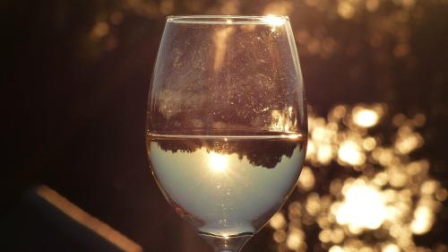 a glass of white wine with a reflection in it at PONTUS Ferienwohnung FeWo4 in Zislow