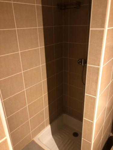 a bathroom with a shower stall with a shower at Hôtel Au Petit Languedoc in Lourdes