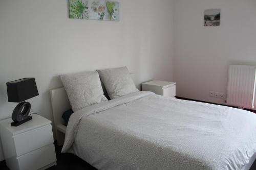 ボルドーにあるappartement bordeaux lacのベッドルーム1室(白いベッドカバー付)