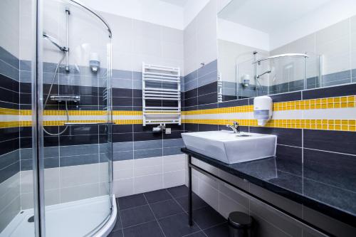 a bathroom with a sink and a shower at Hotel Jastarnia in Jastarnia