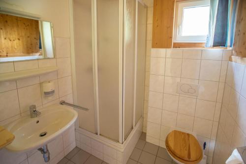 a bathroom with a shower and a toilet and a sink at Feriendorf Tauerngast in Hohentauern
