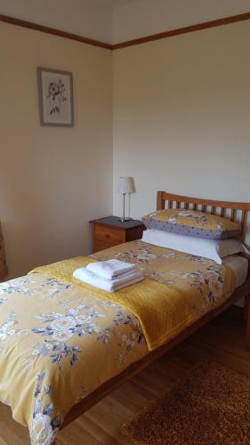 a bedroom with a bed and a table with a lamp at Kilcreeny Lodge in Lisburn
