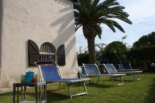 a row of chairs sitting next to a palm tree at Casa Stella Di Madel in Flumini di Quartu