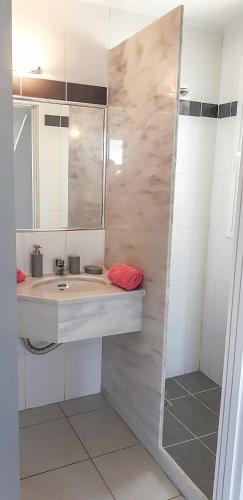 a bathroom with a sink and a shower at BanSala Villas in Vounaria