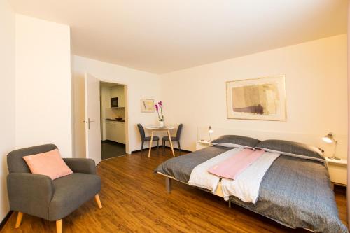 um quarto com uma cama, uma cadeira e uma mesa em Apartmenthaus zum Trillen Basel City Center em Basileia