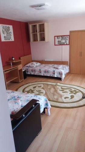 a room with two beds and a carpet at garsoniera Ștefi in Eforie Sud