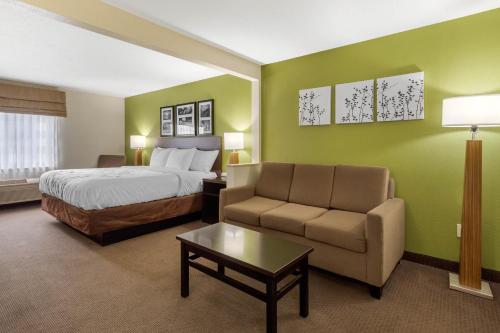 a hotel room with a bed and a couch and a chair at Sleep Inn & Suites Allendale in Allendale