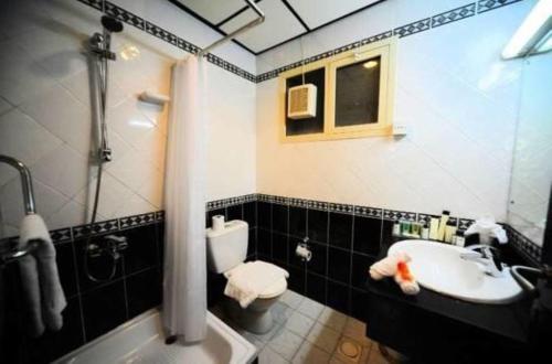 W łazience znajduje się umywalka, toaleta i prysznic. w obiekcie Al Sharq Hotel Suites - BAITHANS w Szardży