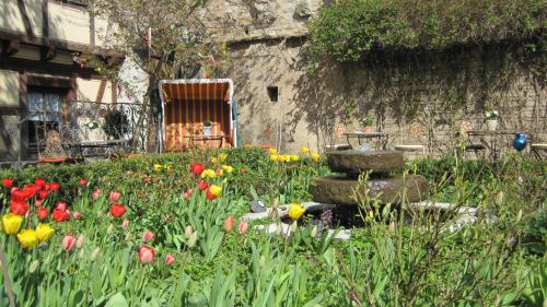 a garden with colorful flowers in front of a building at Hotel Gerberhaus in Rothenburg ob der Tauber